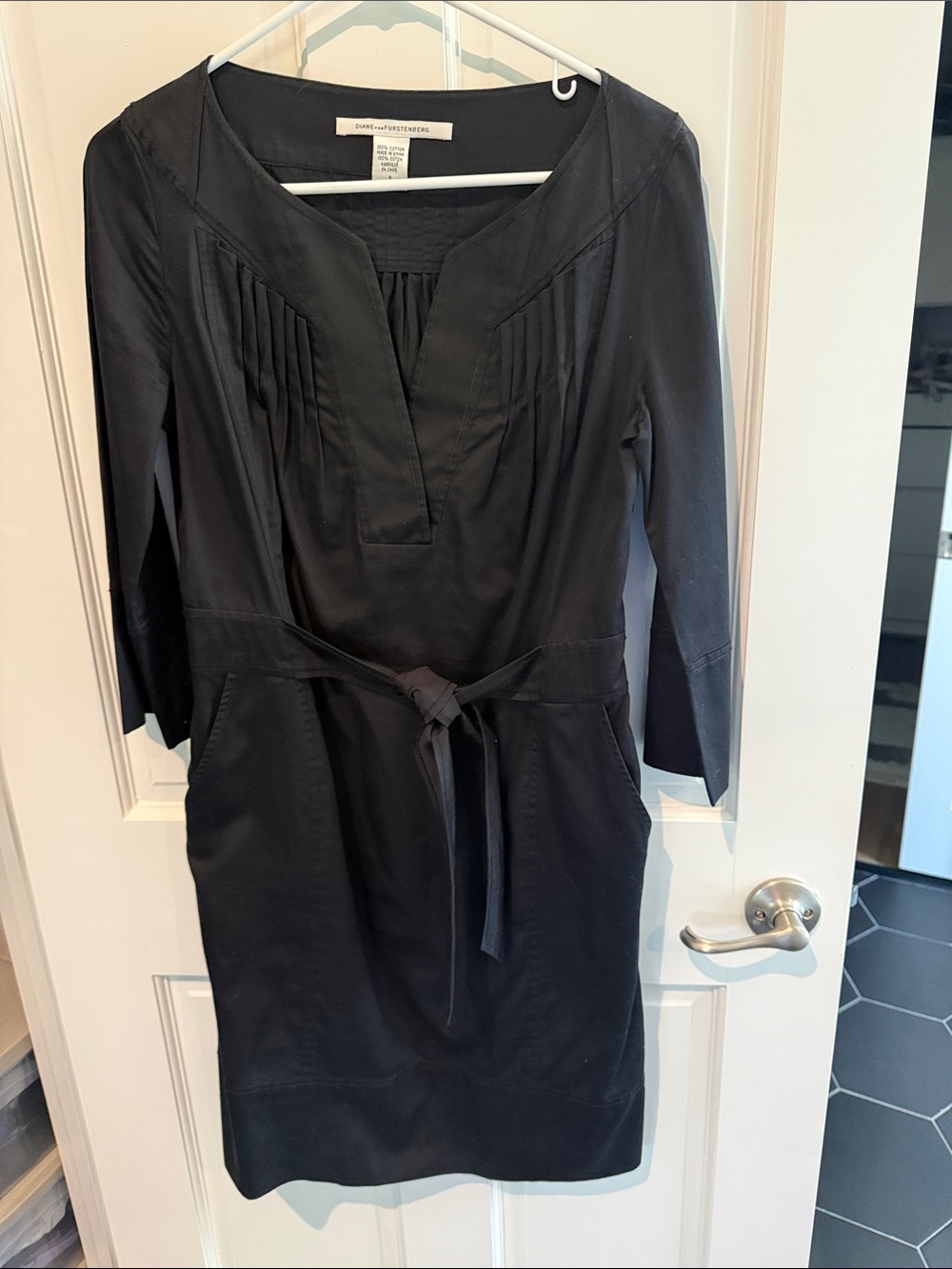Diane Von Furstenberg Black Three-Quarter Sleeve Tie-Waist Dress